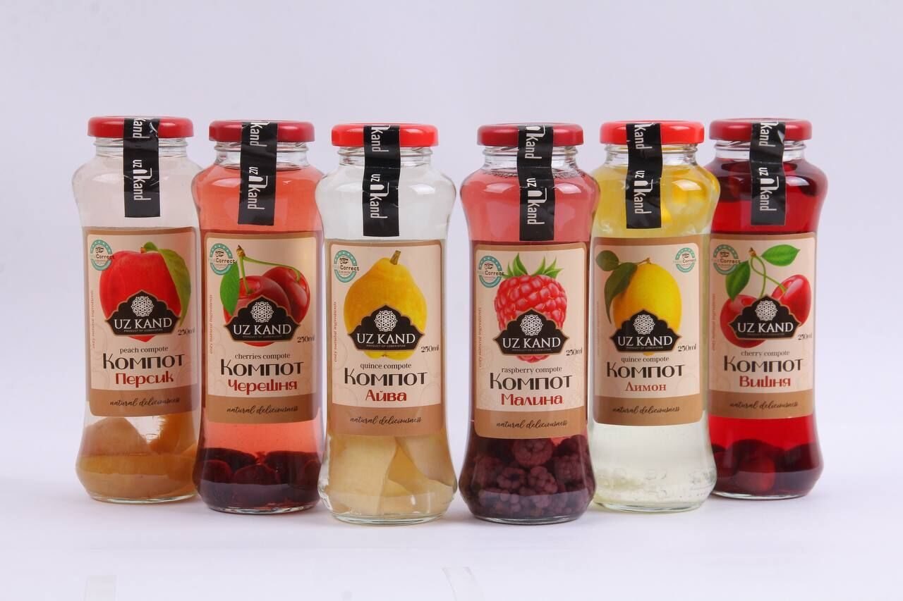 Six UzKand fruit compotes in glass bottles